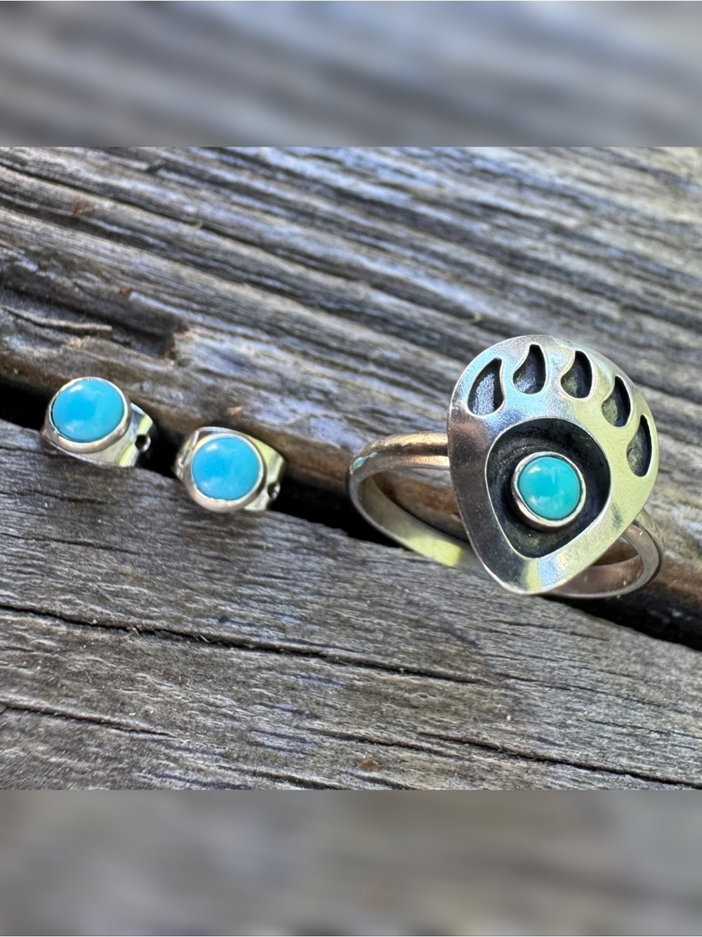 Turquoise Stone Silver Ring and Stud Earrings Set